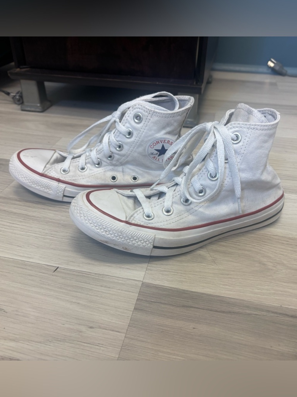 Converse White High Top Sneakers with Red & Black Trim